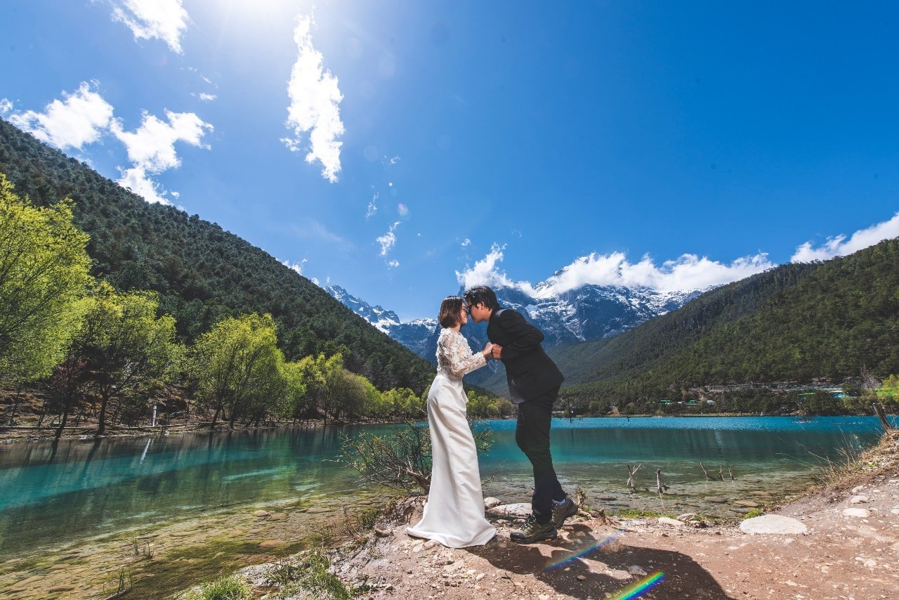 A bride and groom sharing a moment after their wedding in the mountains of the Dominican Republic